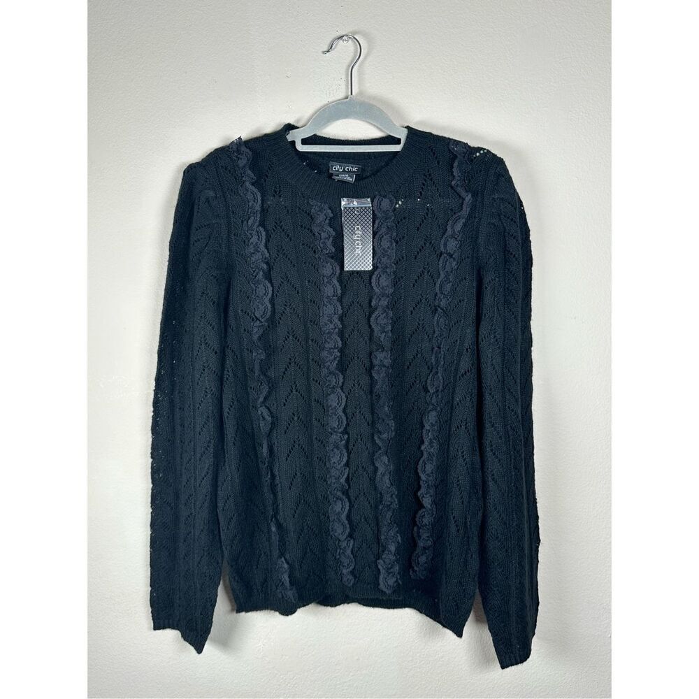 City Chic Jumper Bold Lace Woven Crewneck Sweater Ruffles NWT Sz XXS